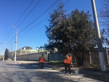 Новости » Общество: В Керчи бордюры красят в бело-черный цвет