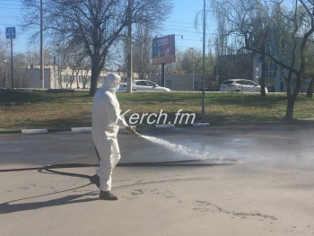 Новости » Общество: С помощью военной  техники начали обрабатывать улицы в Керчи