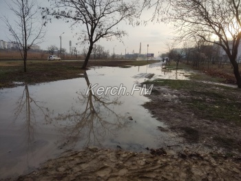 Новости » Общество: Пешеходная дорожка у школы № 12 затоплена  водой