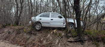 Новости » Общество: На трассе в Крыму автомобиль вылетел с дороги и застрял между деревьев